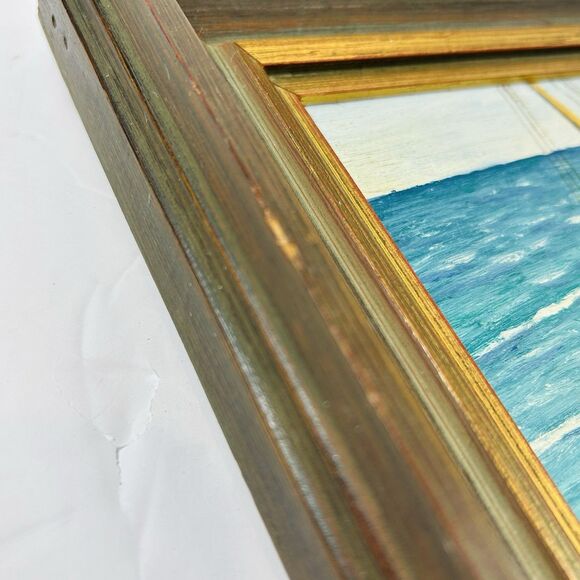 Vintage Sailboat on Beach Oil Painting Signed JE Ayers Framed 9X11" Dated 1953 - Picture 5 of 6